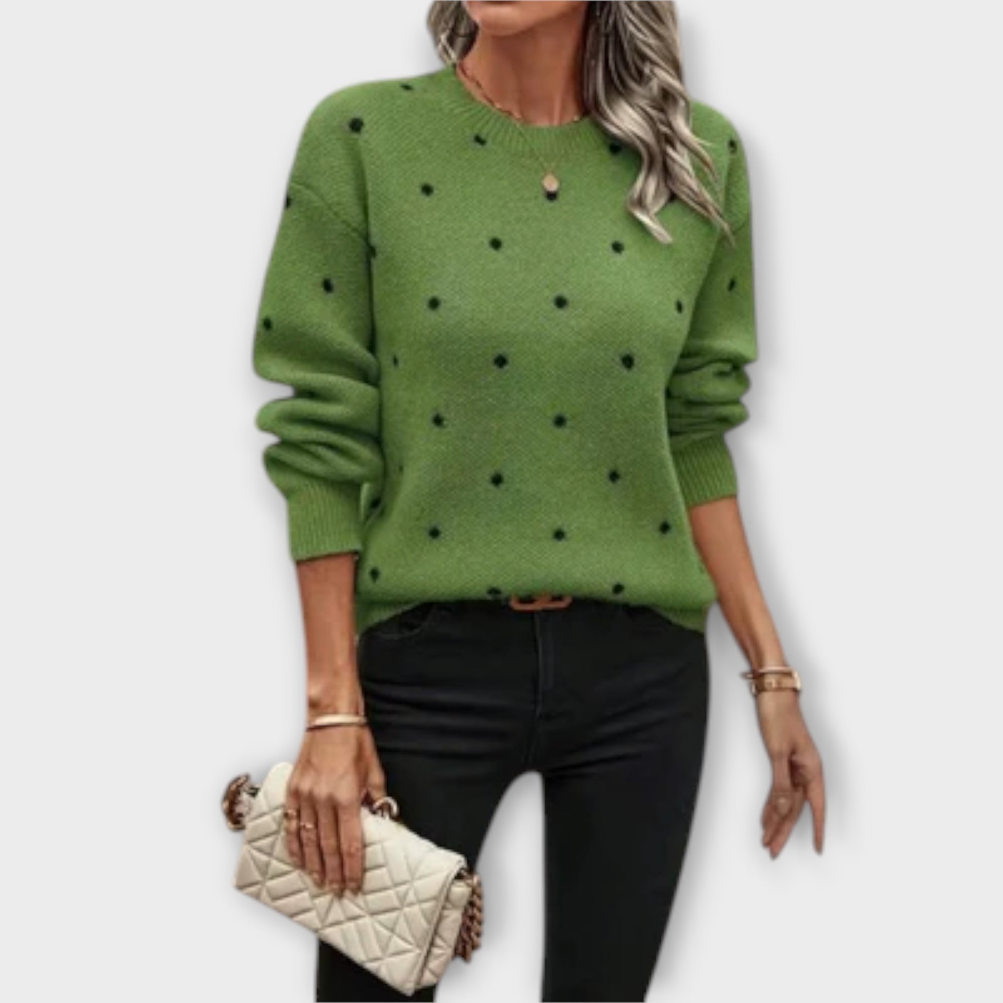 Ava – Casual Long Sleeve Knitted Sweater with Polka Dot Pattern